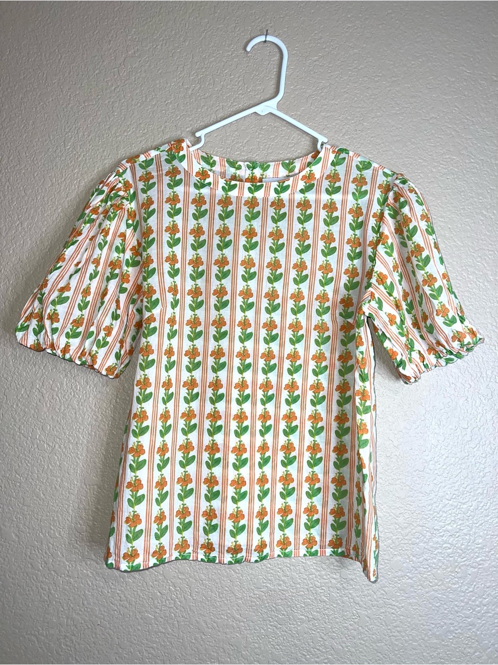 Olivia James Green Marigold Floral Print Puff Sleeve Blouse Sz XS